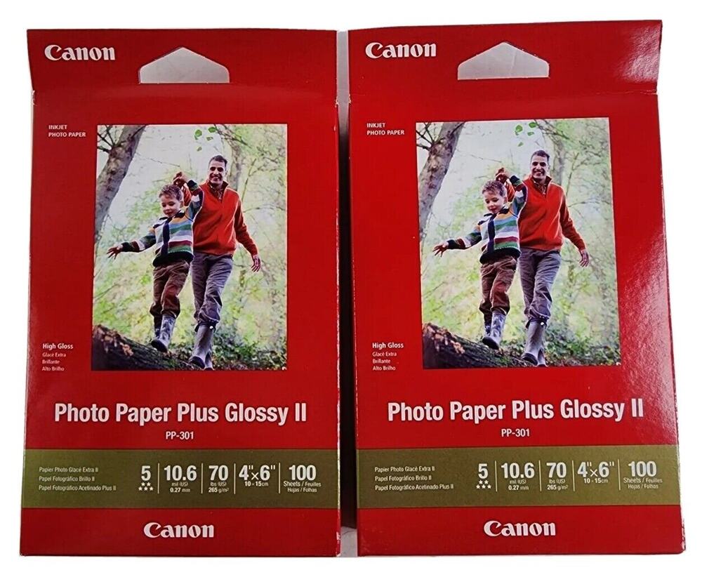 Lot of 2 Canon Photo Paper Plus Glossy II PP-301 4”x6" 100 Sheets Each - New